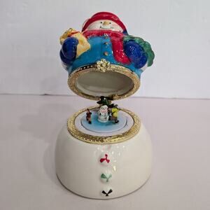 Mr Christmas Porcelain Snowman Hinged Music Box Wind Up Animated Ornament Skater
